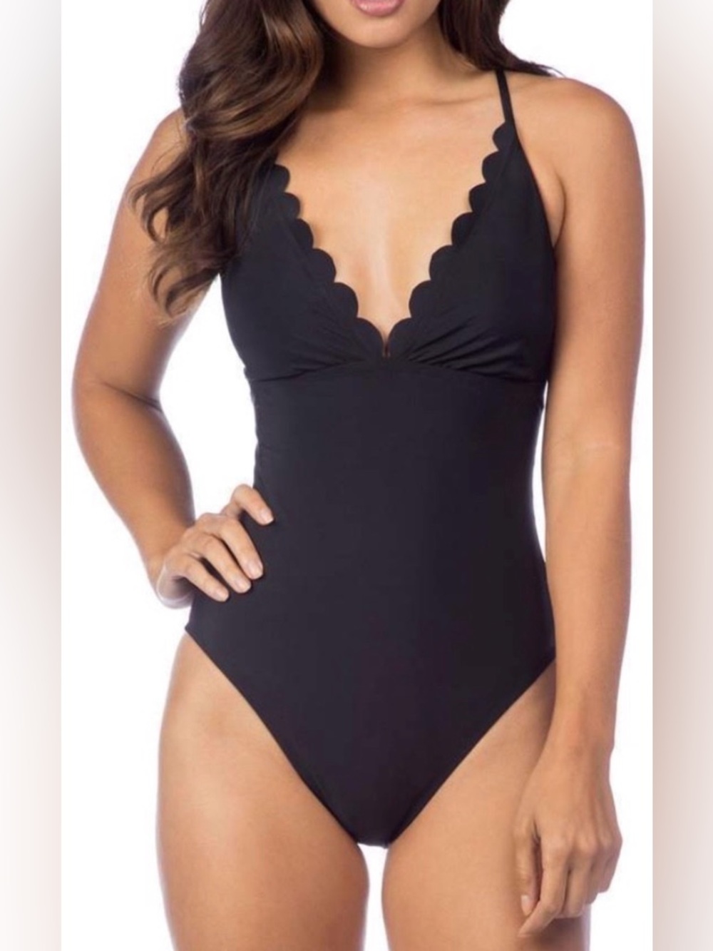 J. Crew Black Scallop V-Neck One-Piece Swimsuit